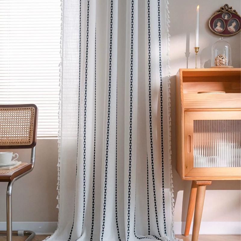 Solid Color Multi-line Finished Curtain for Bedroom Living Room Rural Embroidery Textured Window Curtain 1 Panels Tassel Drapery