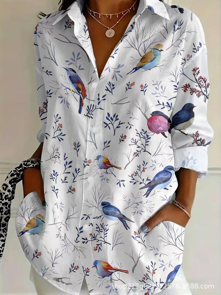 European and American summer hot-selling shirts, short-sleeved women's clothing, printed fashion lapel shirts, tops, casual women's clothing