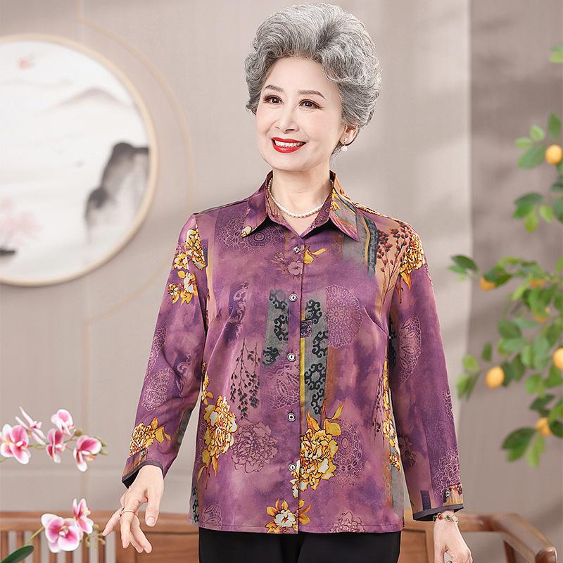 

Women s Real Silk Long-Sleeved Tops for Spring/Summer - Ideal for Middle-Aged and Elderly 3XL (120-135 lbs) фиолетовый