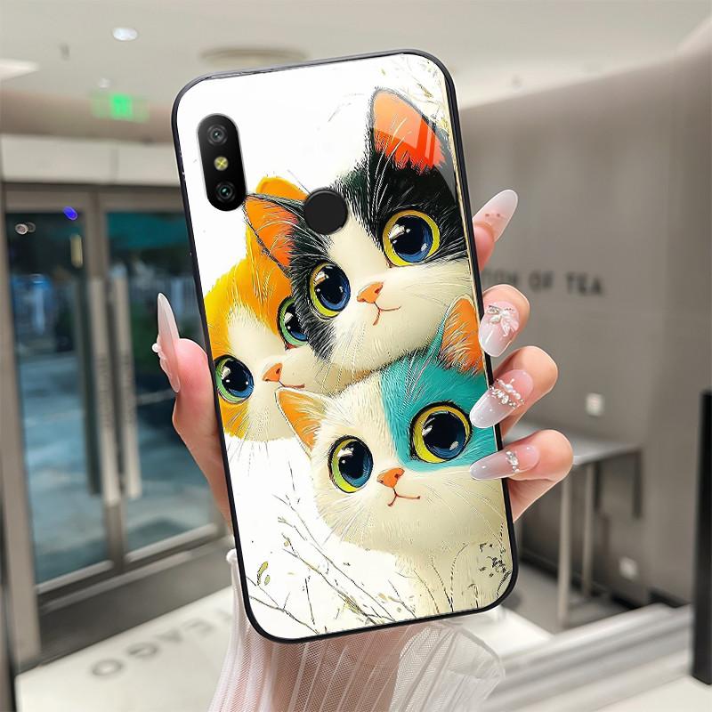 Beautiful Flower Cute Cartoon Cats Case For Xiaomi Mi A2 / Mi A2 Lite Tempered Glass Phone Case Protective Back Cover Hard Shell Mi A2 Lite-5.84 inch