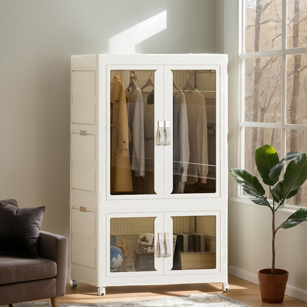 Přenosná skříň Skládací šatník s tyčí na zavěšení Úložný organizér s průhlednými dvířky Plastová skříň do obývacího pokoje ložnice