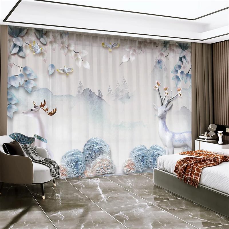 New Chinese Style Luxury Gold Elk Lucky Fortune Curtain Bedroom Living Room Kitchen Blinds Curtain 2 Panels High Shading New