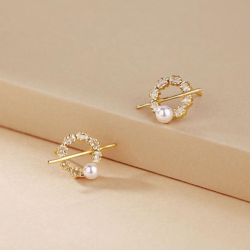 Zircon Ring One-line Pearl Earring French Retro Small Mini Temperament Earrings