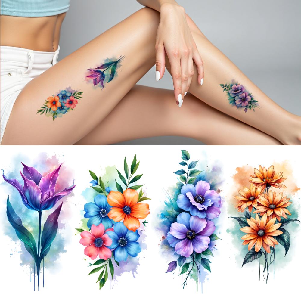 9pcs Temporary Tattoo Watercolor Floral Arrangements Blue Flowers Roses For Shoulders Chest Ladies