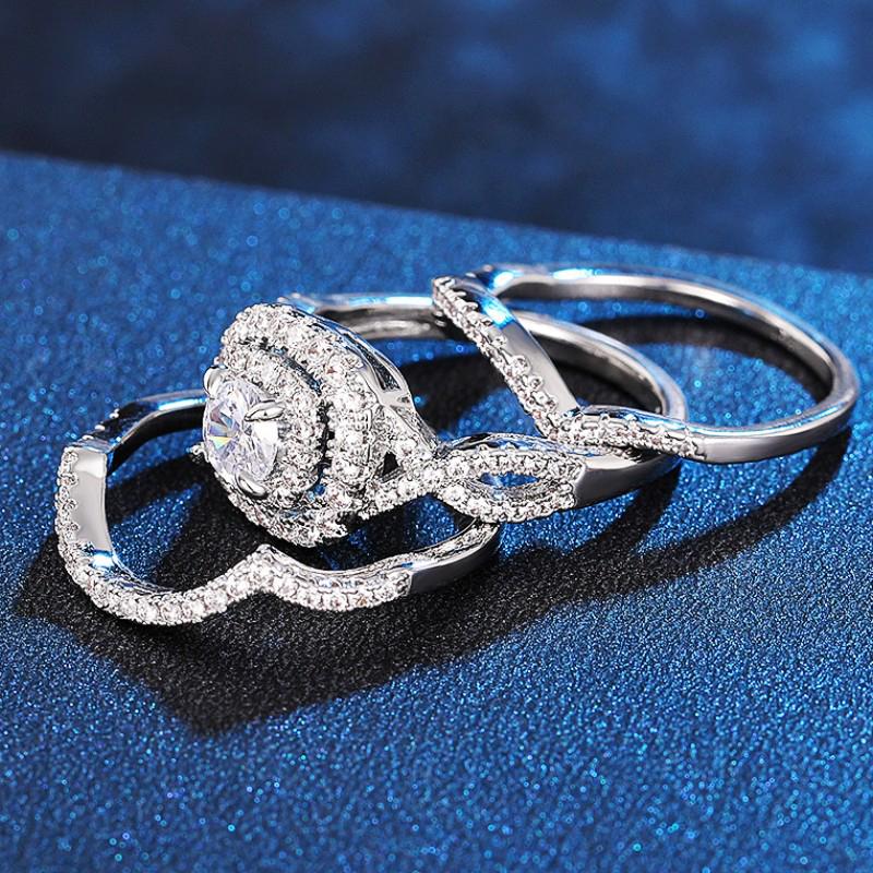 Trends 3Pcs Set Wedding Rings for Women Full Bling Iced Out Cubic Zirconia Crystal Rings Engage Fashion Luxury Jewelry