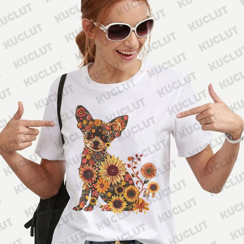 Dámské tričko s květinovým vzorem a čivavou, módní halenka s krátkým rukávem, Harajuku Ulzzang letní Y2k topy, dámské estetické oblečení