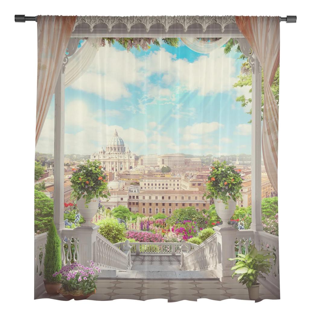 European Style Building Balcony Scenery Tulle Window Curtains Living Room Organza Sheer Voile Curtain Bedroom Kitchen Home Decor