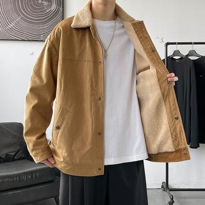 Spring and Autumn Loose High School Student Tide Fleece Thickened Jacket Korean Version Short Denim Jacket Men