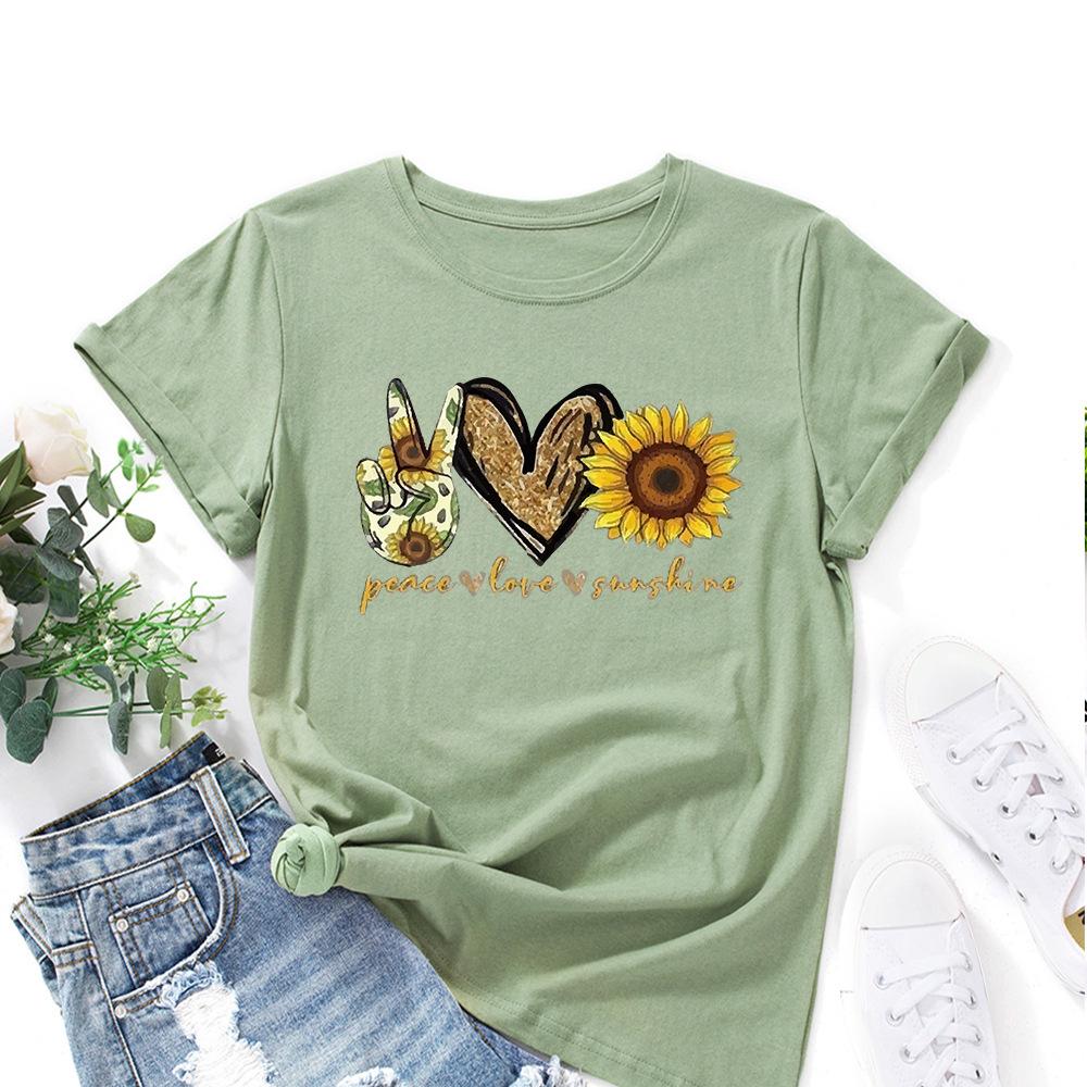 Cotton T-Shirt Short Sleeve Round Neck Women 2d Print Tops