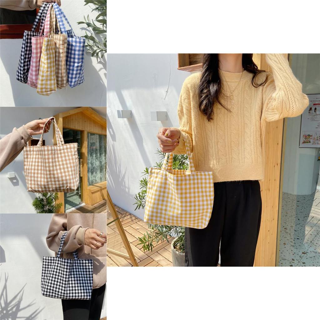 Charming Fresh Portable Bento Bag Japanese Style Plaid Handbag For Moms Students