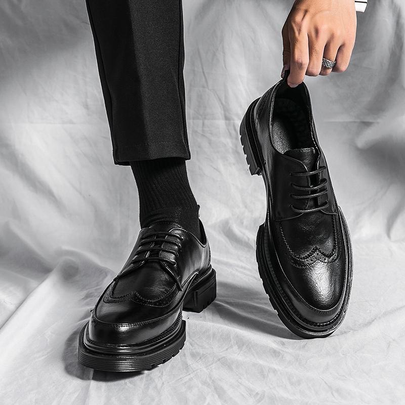 Leather Shoes for Young Men British Brock Formal Business Increase Casual Black Wedding Groom Lace-up Men's Shoes