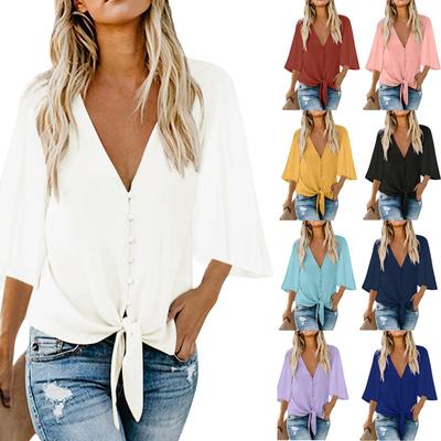 Women's Fashion Tie Knot Button V-Neck Solid Color Medium Sleeve Shirt