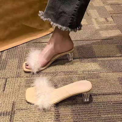 Korean Version of Thick-heeled Fluffy Decorative Women's Cool Slippers 2025 Summer New Internet Celebrity Slippers Lazy High Heels