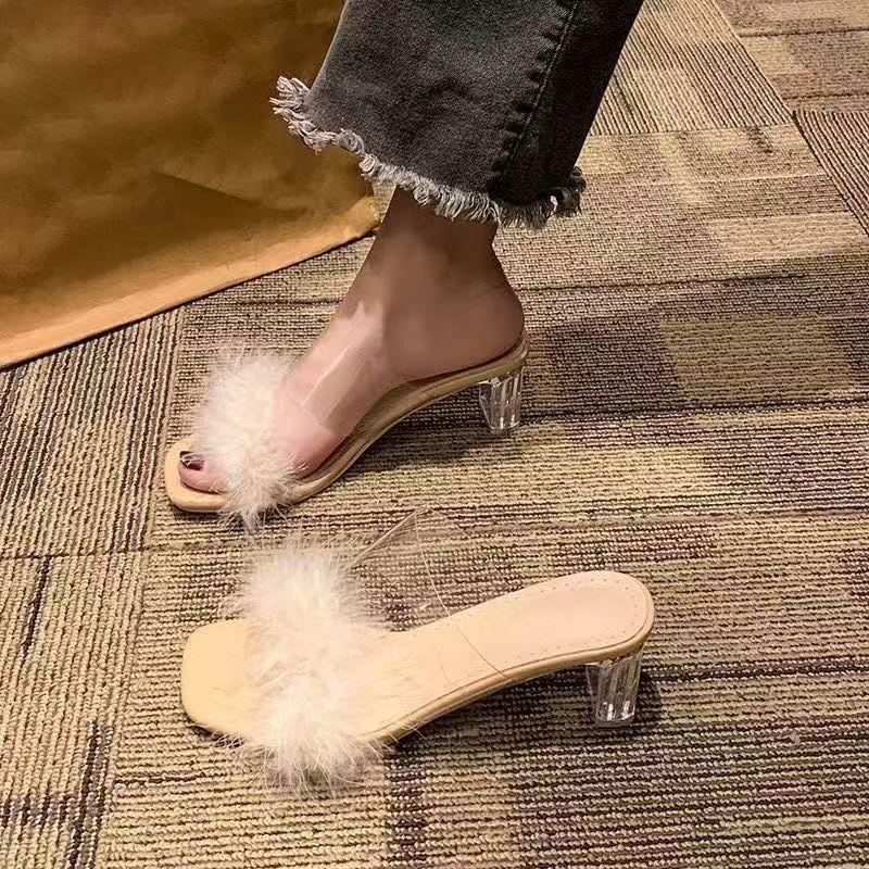 Korean version of thick-heeled fluffy decorative women's cool slippers 2025 summer new Internet celebrity slippers lazy high heels