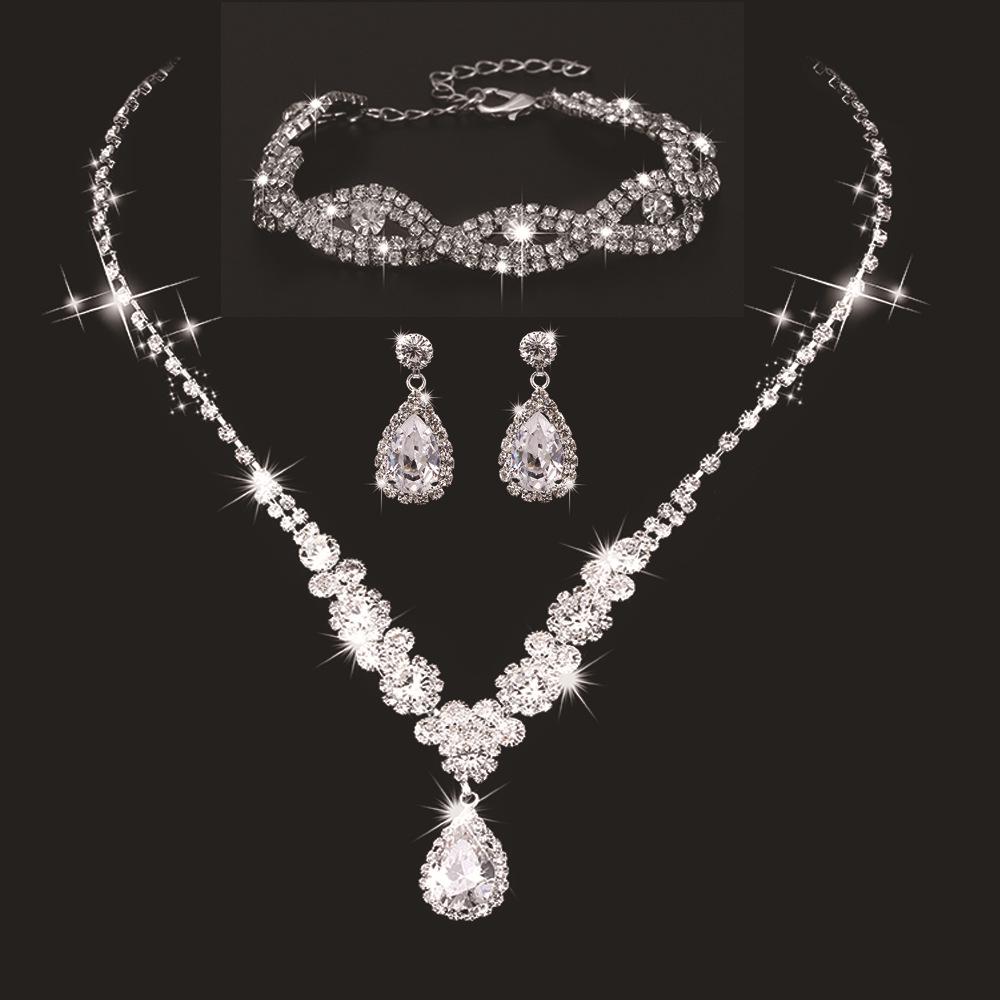 Three-Piece Rhinestone Zircon Bridal Jewelry Set: Tear Drop Necklace, Earrings & Bracelet