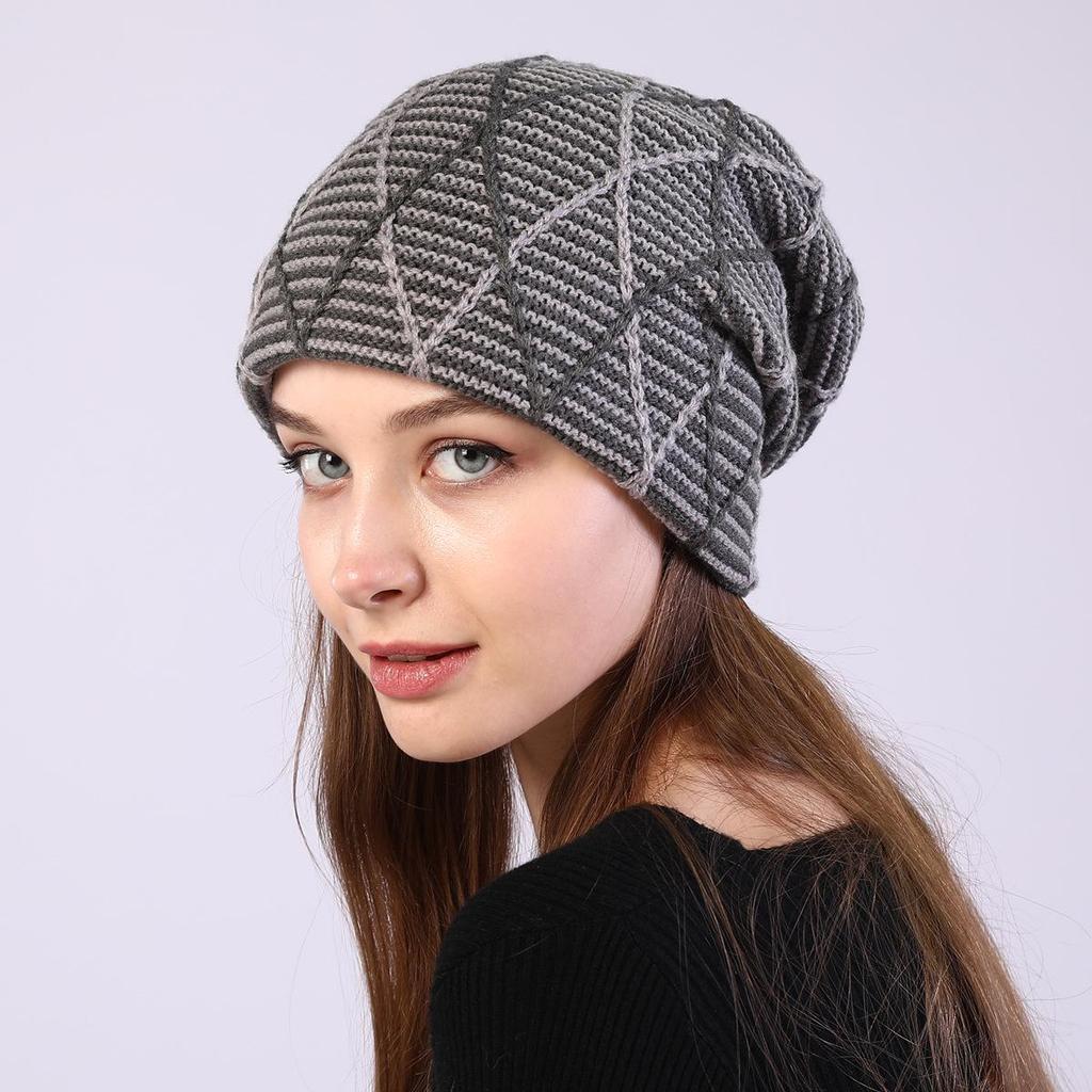 Autumn and Winter Warm Knitted Ear Protection Pile Up Hats Diamond Grid Mixed Color Pullover Caps Women's Fleece - Lined Hats