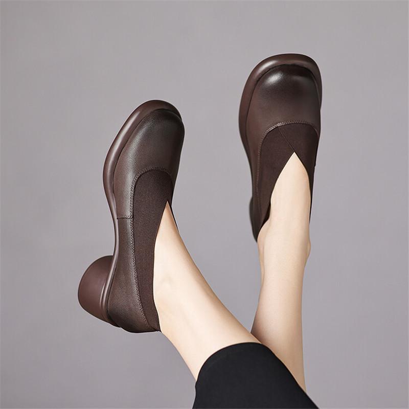 Fashion Hot New Spring Split Leather Women Shoes Round Toe Women Pumps Shoes for Women Chunky Heels Deep Mouth Loafers Zapatos Mujer