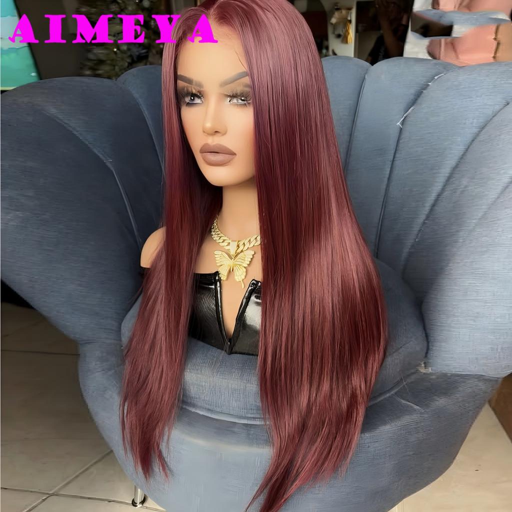 Burgundy Lace Front Wig 13x4 Frontal Long Silky Straight Wigs Glueless Synthetic Hair Mix Wine Red Natural Looking Daily Wear
