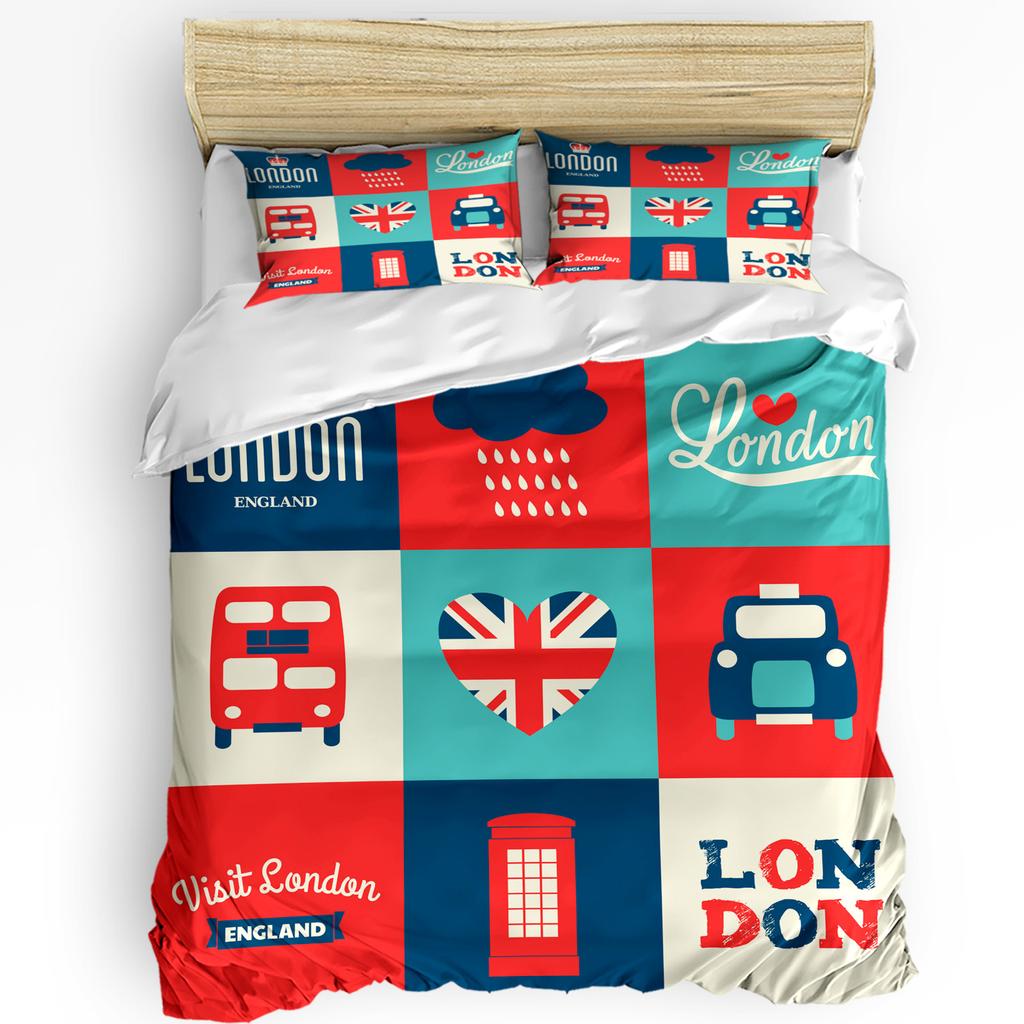 Britische Graffiti London Kultur Cartoon Doodle Bettbezug 3-teiliges Bettwäscheset Heimtextil Bettdeckenbezug Kissenbezüge Kein Spannbettlaken