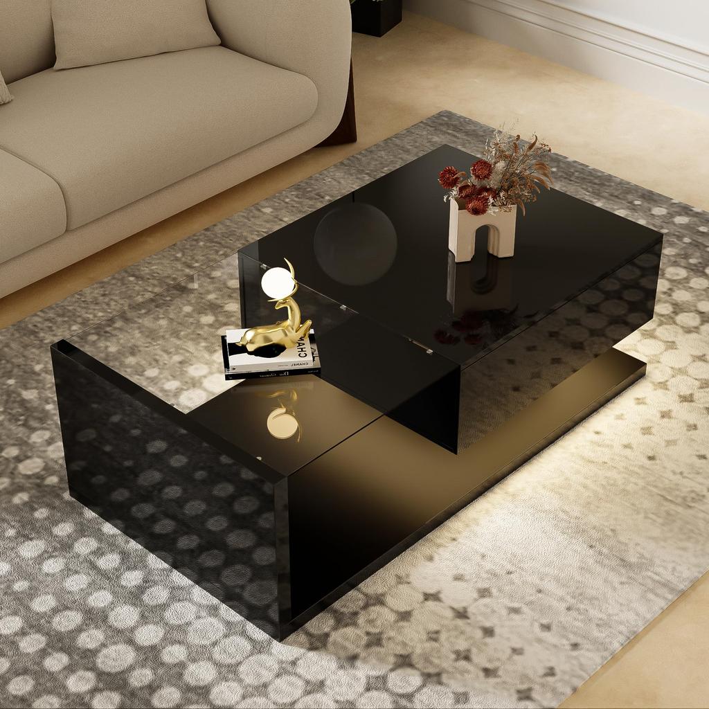 Wohnzimmertisch, LED Couchtisch mit Schubladen, Hochglanz Kaffeetisch mit Stauraum, Modern Coffee Table