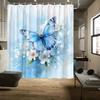 1pc Blue Butterfly Shower Curtain - Soft Watercolor Background, White Flowers,  12 Hooks, Washable, Polyester