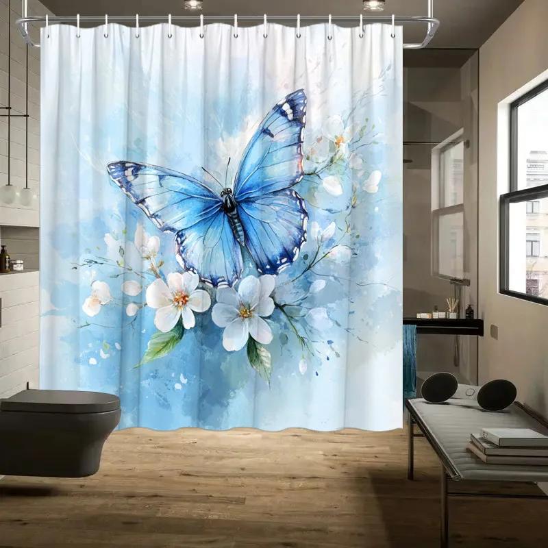 1pc Blue Butterfly Shower Curtain - Soft Watercolor Background, White Flowers,  12 Hooks, Washable, Polyester