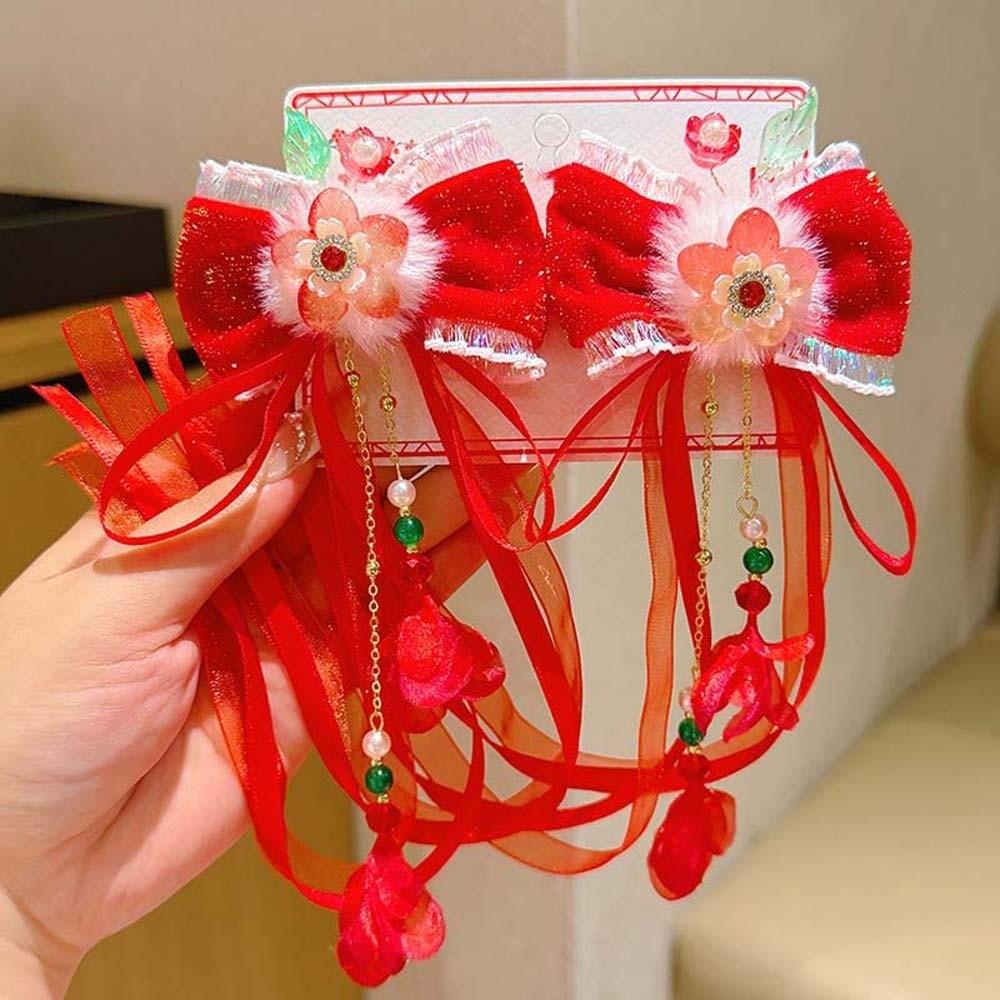 2pcs Bow New Year Ribbon Barrettes Lion Embroidered Bow Headwear Ancient Style Hair Clip Winter