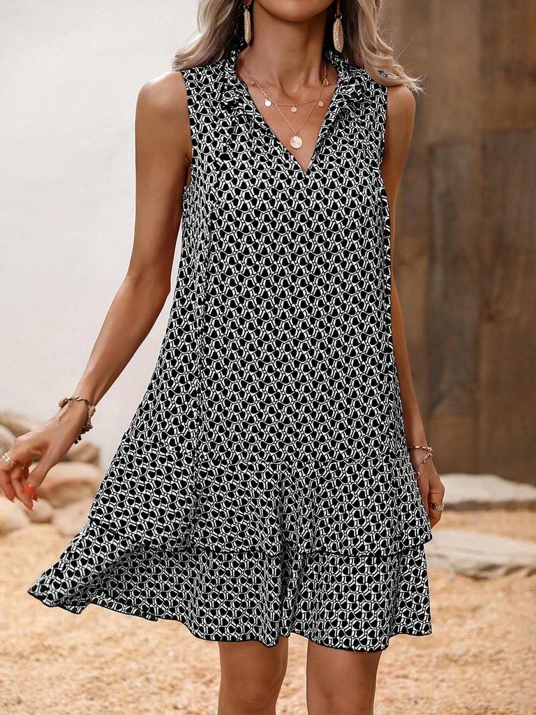 European and American Printed Bow Tie Short Lace Dress