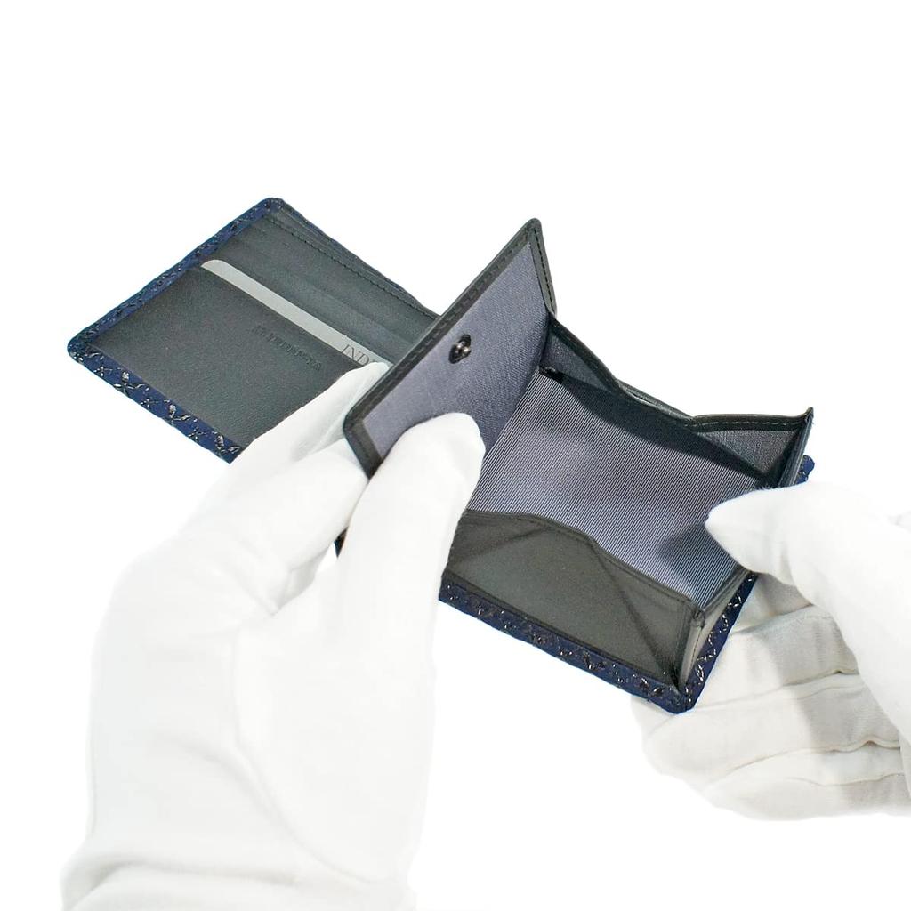 [Inden-ya] Inden Bifold Wallet with Small Bill Compartment and Box-Shaped Coin Purse, Deerskin, Navy Blue with Black Lacquer, Shippo Pattern,