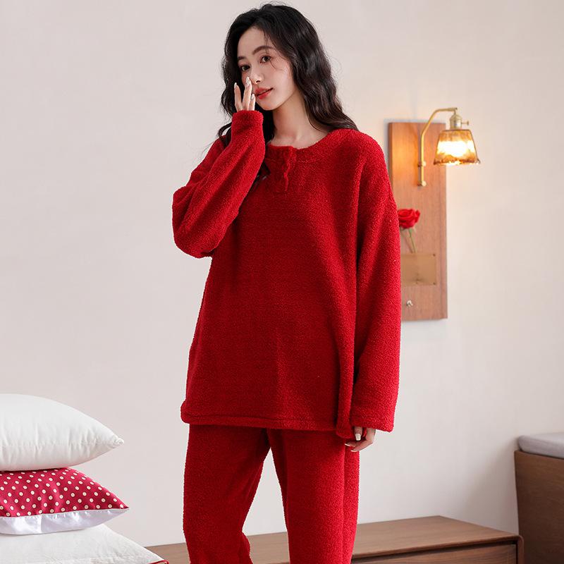 Half Fleece Pajamas Women'S Autumn And Winter Red Natal Year Coral Fleece Fleece Thickened Warm Loungewear Set