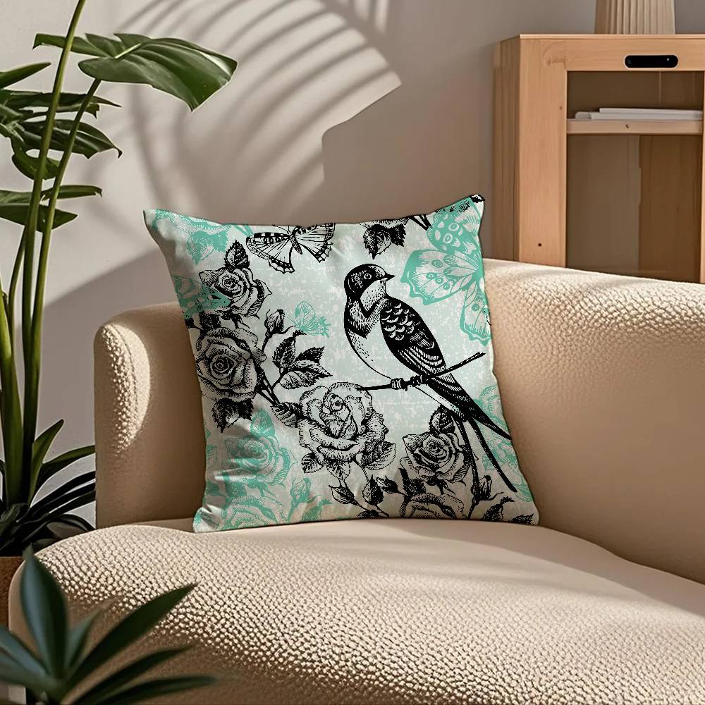 Birds Butterflies Flowers Pillow Case Comfort Sofa Bed Silky Elegant Invisible Zipper Custom Decorative Cushion Cover