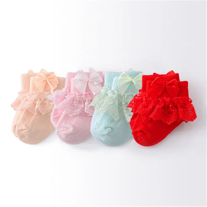 4 Paare/Los Frühling Herbst Neugeborene Babysocken für Mädchen Baumwolle Spitze Säuglingsmädchen Socke Prinzessin Schleife Kleinkind Baby Mädchen Socken 0-24M