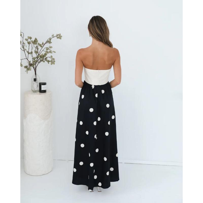 Damen Farbblock-Tube-Top-Midikleid, Trägerloses Gepunktetes Patchwork Ausgestelltes A-Linien-Langes Kleid, Elegantes Lässiges Urlaubs-Schwing-Sonnenkleid mit Seitentaschen
