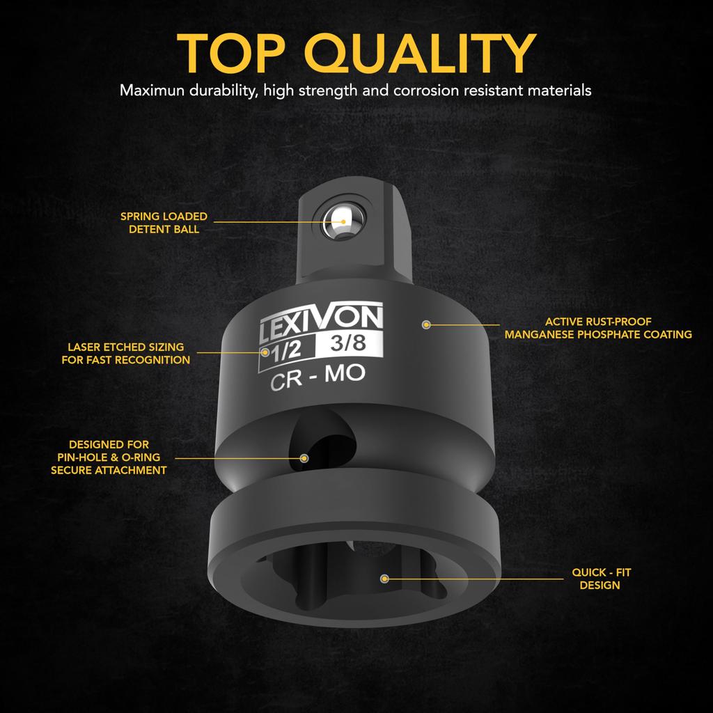 LEXIVON Impact Socket Adapter and Reducer Set Impact Driver Chrome Molybdenum Alloy for Torque Impact Drill 4-Piece 6.35mm (1/4"), 9.5mm (3/8"),