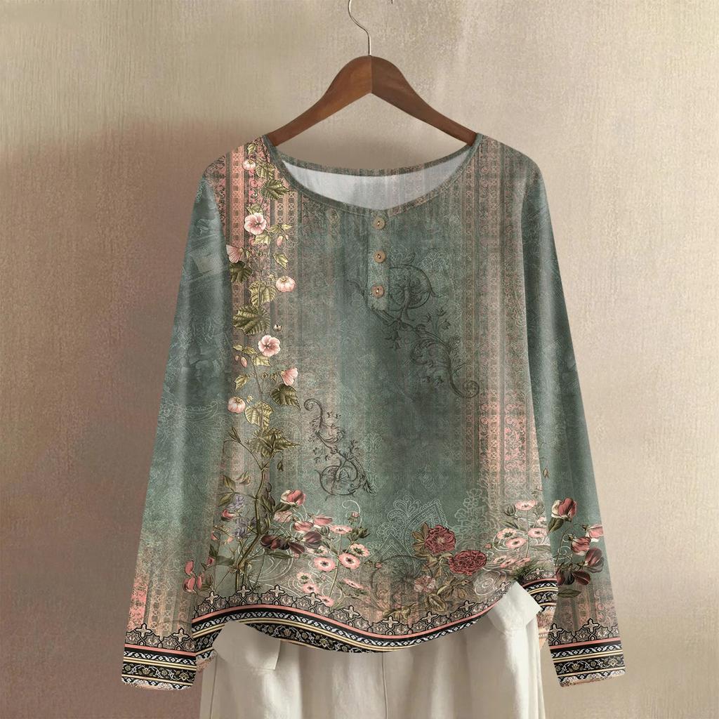 Women's Fashionable And Casual Shirt Long Sleeve Round Neck -color Cotton And Linen Blouse Top