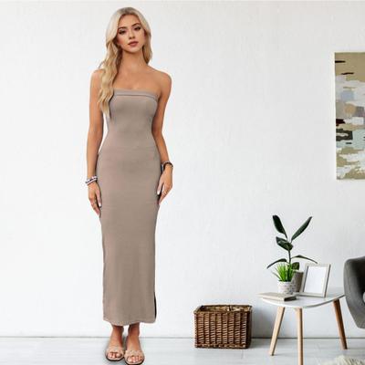 Women Prom Dress Off Shoulder Bandeau Sleeveless Backless Slim Fit Pure Color Side Split Thread Elastic Club Party Evening Dress Maxi Dress