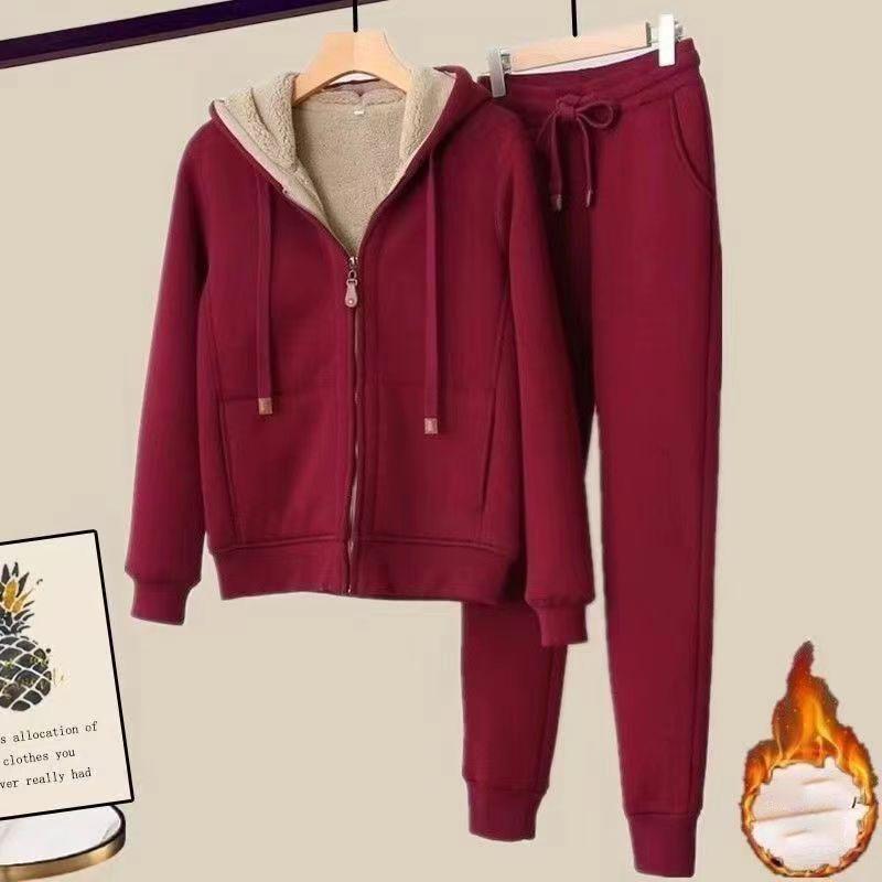 Zimní plyšová silná plyšová sportovní mikina s kapucí dámská dvoudílná souprava oblek ležérní sportovní souprava dámský krátký kabát kalhoty s rovnými nohavicemi dvoudílná souprava