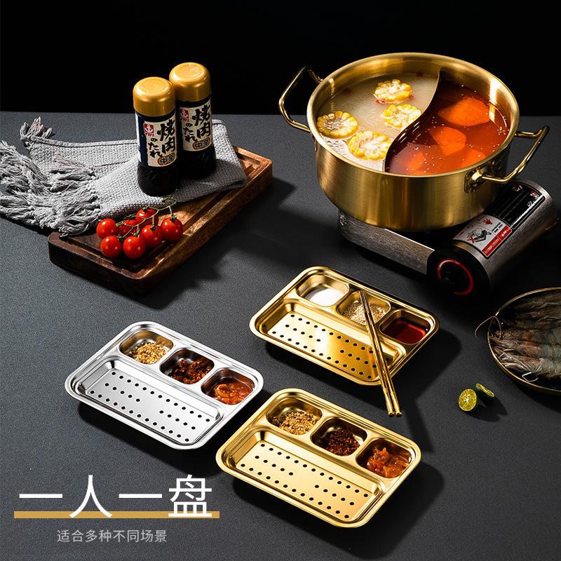 304 Korean Style Oiled Meal Plate Stainless Steel Grid Grilled Meat Plate with Dipping Sauce Plate