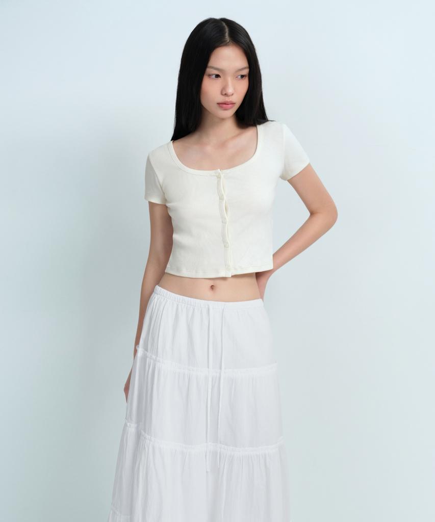 MUSINSA STANDARD WOMAN Women'S Slim Crop Square Neck Button T-Shirt [Cream]