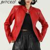 Fashionable Women's PU Leather Jacket, Stand Collar, Lightweight Spring/Autumn Style, Red Leather Jacket