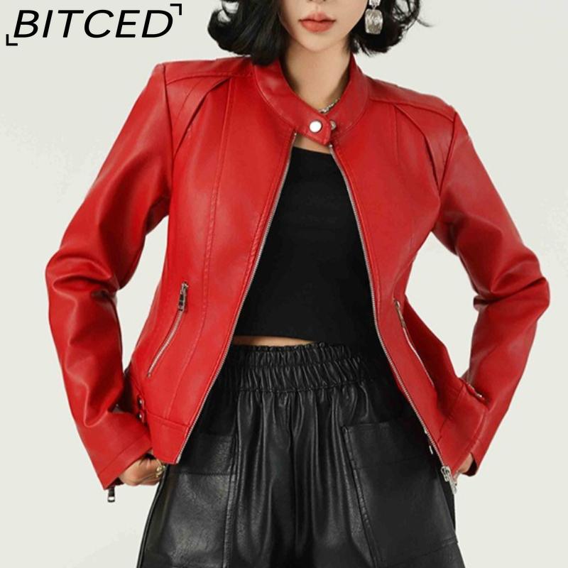 Fashionable Women's PU Leather Jacket, Stand Collar, Lightweight Spring/Autumn Style, Red Leather Jacket