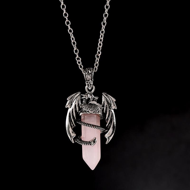 Vintage Flying Dragon Pendant Necklace with Amethyst, Rose Quartz, and Tiger Eye Gems