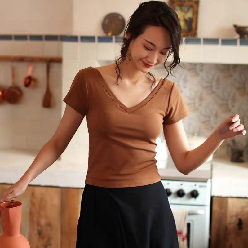 Short-sleeved Vest Women's V-neck No Bra Chest Cushion Base Layer Backless Top