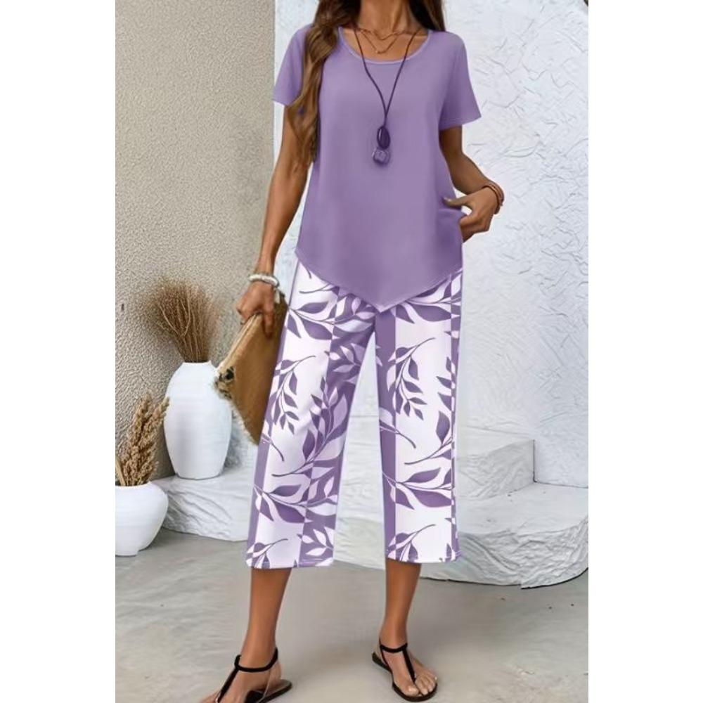 Women Summer Fashion Two Piece Set, Stylish Slimming Short Sleeve Top, High Waist Wide Leg Pants, Elegant Casual Matching Outfit