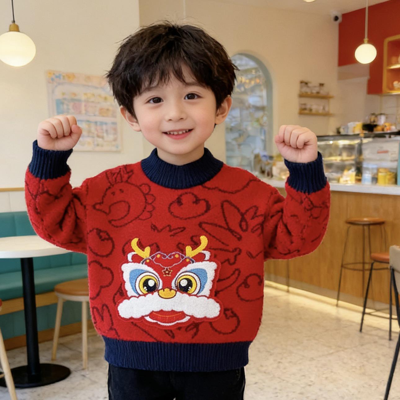 Girls  Velvet-Enhanced Red Sweater - Winter New Year Collection 90cm