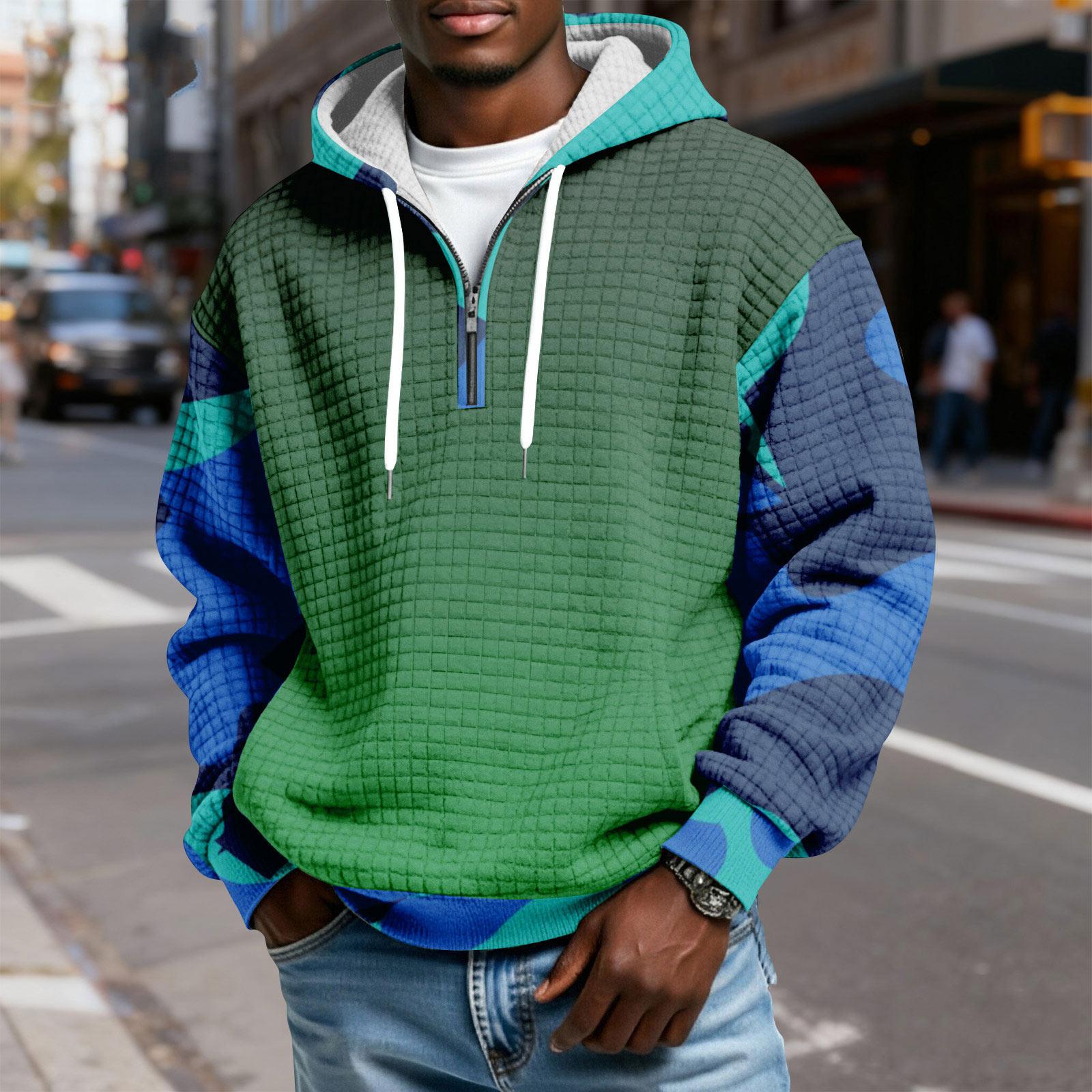 

Мужской худи-пуловер в клетку с капюшоном на молнии до середины, со шнурком и принтом, повседневная спортивная толстовка XXL