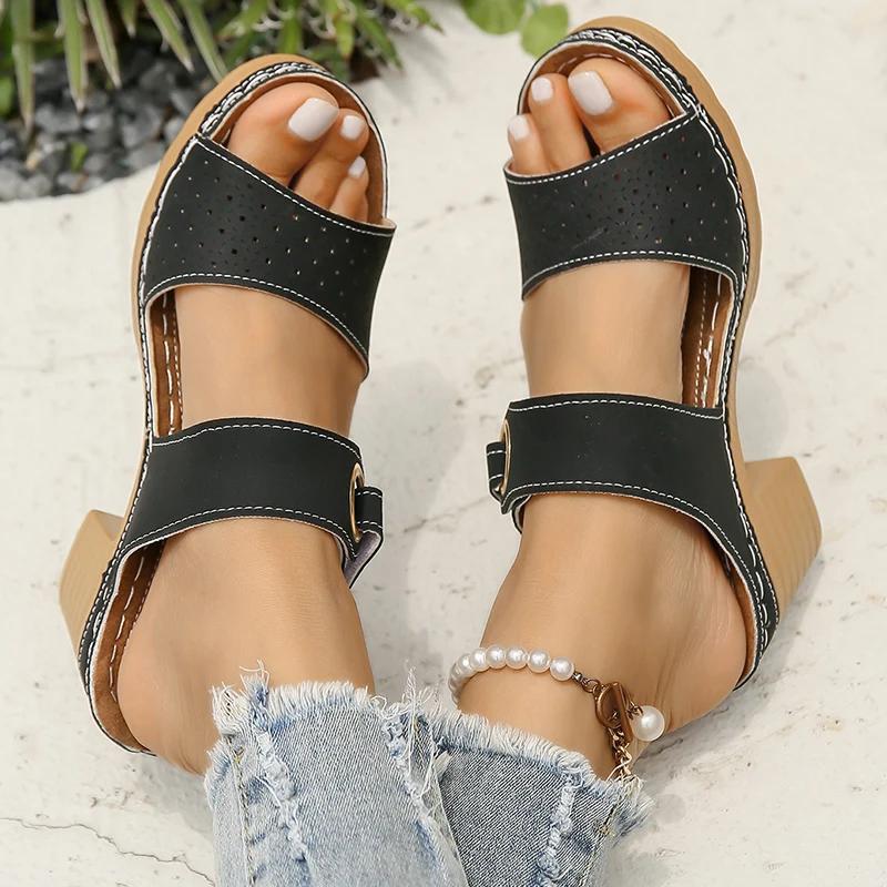 Fashion Hook Loop Thick High Heel Sandals Women Hollow Out Summer Beach Sandles Woman Plus Size Anti-Slip Platform Sandalias De Mujer