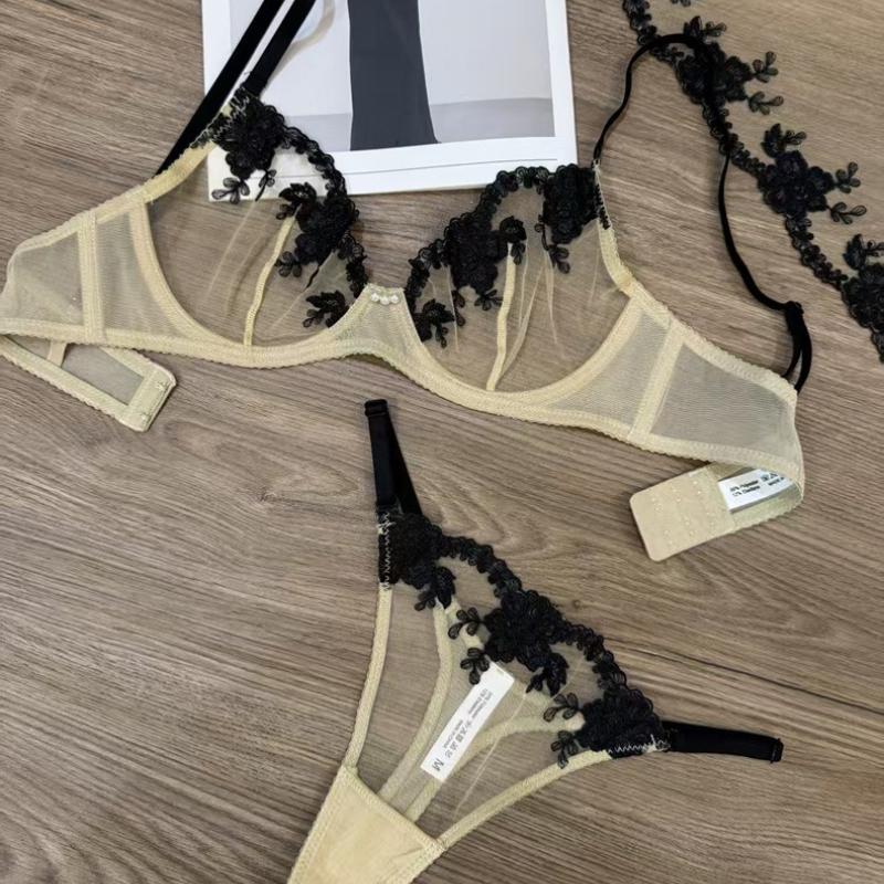 Französisches Ultra Dünnes Spitze Blumen Stickerei Dessous Set Sexy Netz Atmungsaktiver BH Damen Hohe Qualität Intimwäsche Tanga Set