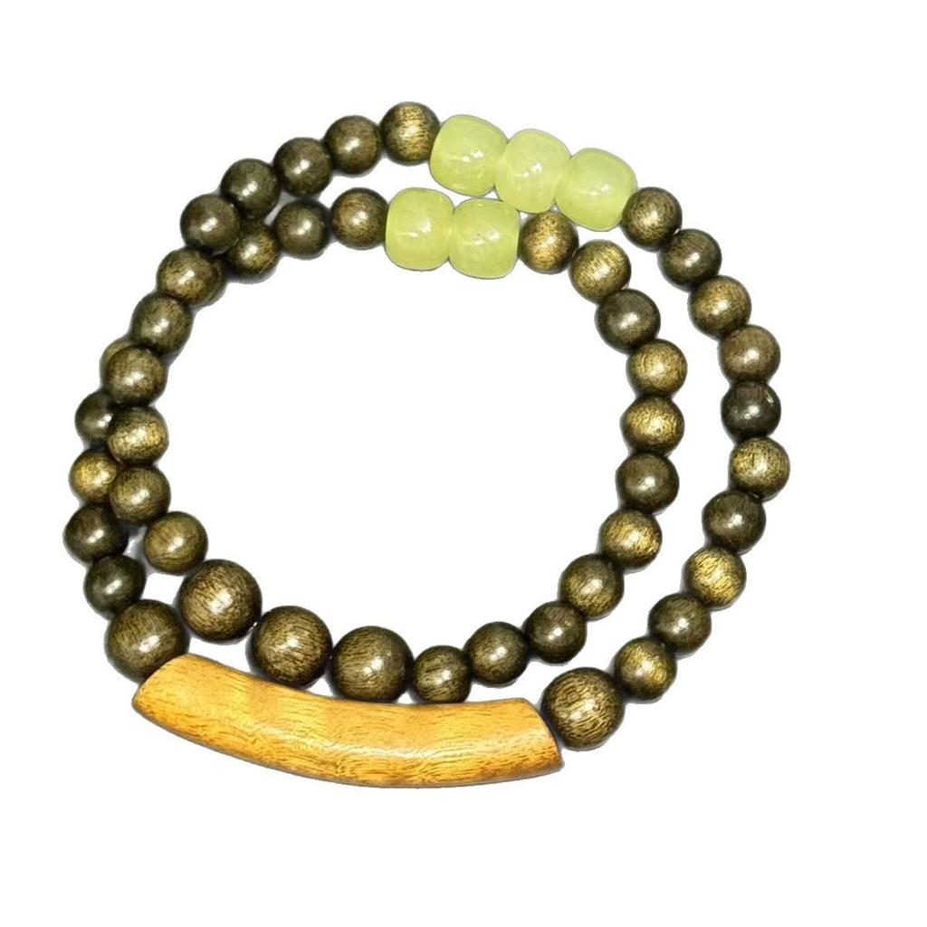 Golden Phoebe Double-Circle Retro Bracelet with Emerald Green and Natural Wood Grain