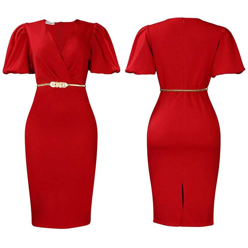 IHUASU Women's Summer Short Sleeve V-Neck Bubble Sleeve V-neck Bag Hip Professional OL Temperament Tong Le High Waist Dress